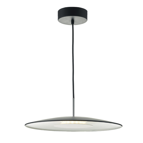 Black and white pendant light with a flat, circular shade and a glowing center