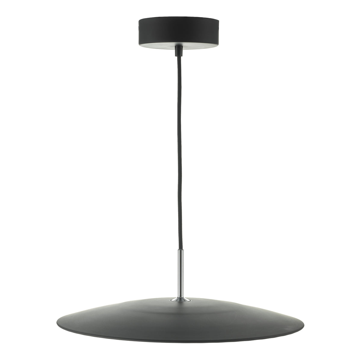 Black pendant light with a flat, round shade and a black cord, suspended from a black ceiling mount