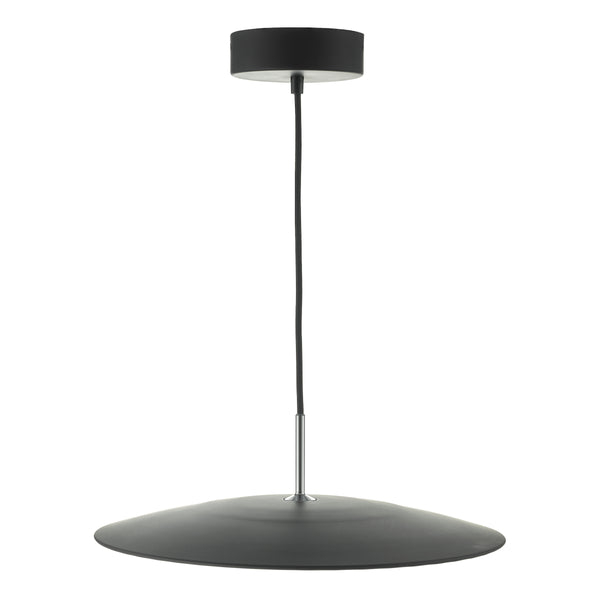 Black pendant light with a flat, round shade and a black cord, suspended from a black ceiling mount