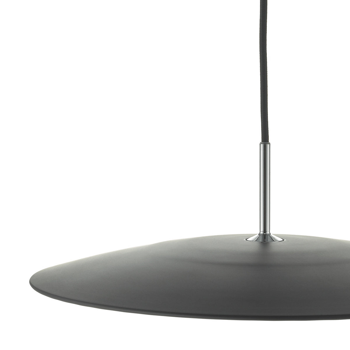 Close up of a dark grey pendant light shade with a silver rod and black cord