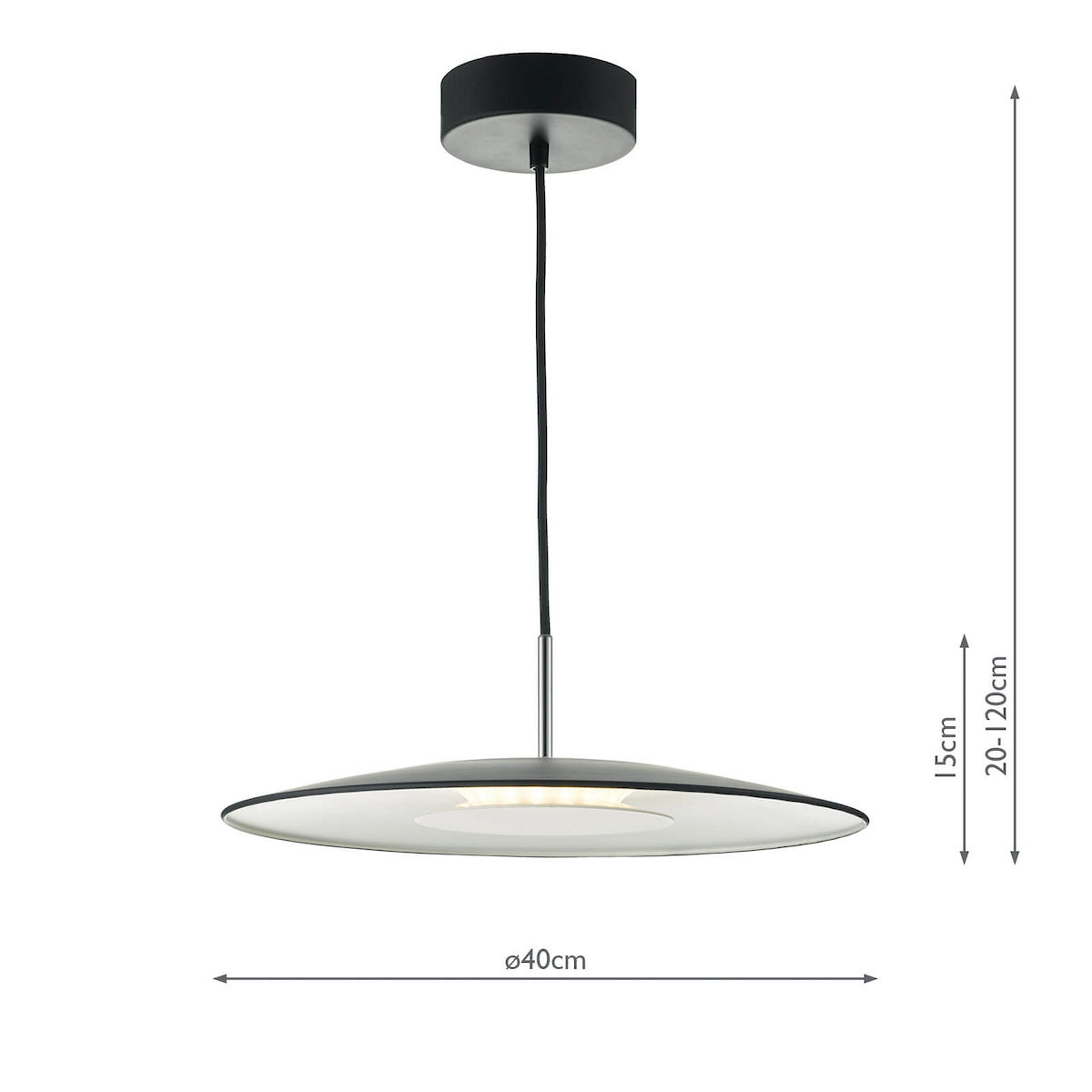 Black and white pendant light with a circular shade and visible dimensions