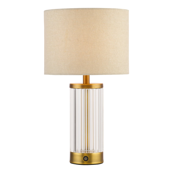 Enrico Rechargeable Table Lamp In Antique Bronze  & Glass With White Linen Shade