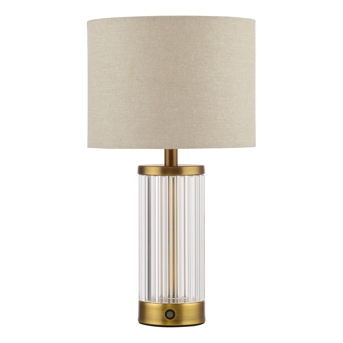 Enrico Rechargeable Table Lamp In Antique Bronze  & Glass With White Linen Shade