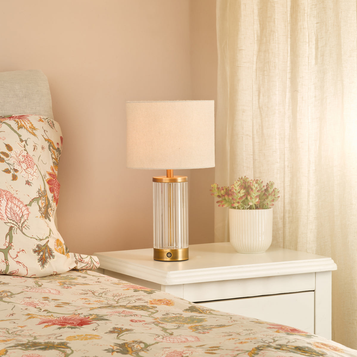 Enrico Rechargeable Table Lamp In Antique Bronze  & Glass With White Linen Shade