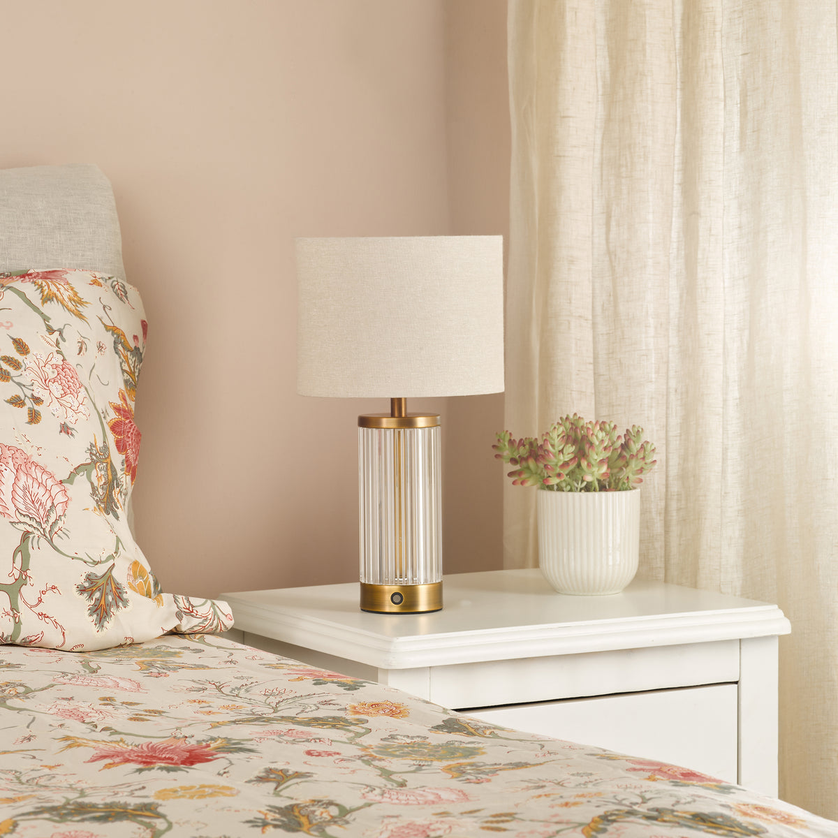 Enrico Rechargeable Table Lamp In Antique Bronze  & Glass With White Linen Shade