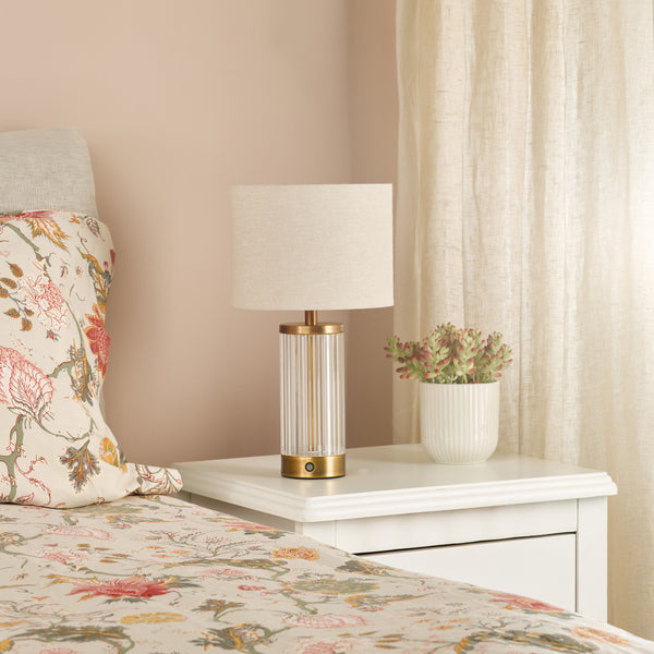 Enrico Rechargeable Table Lamp In Antique Bronze  & Glass With White Linen Shade