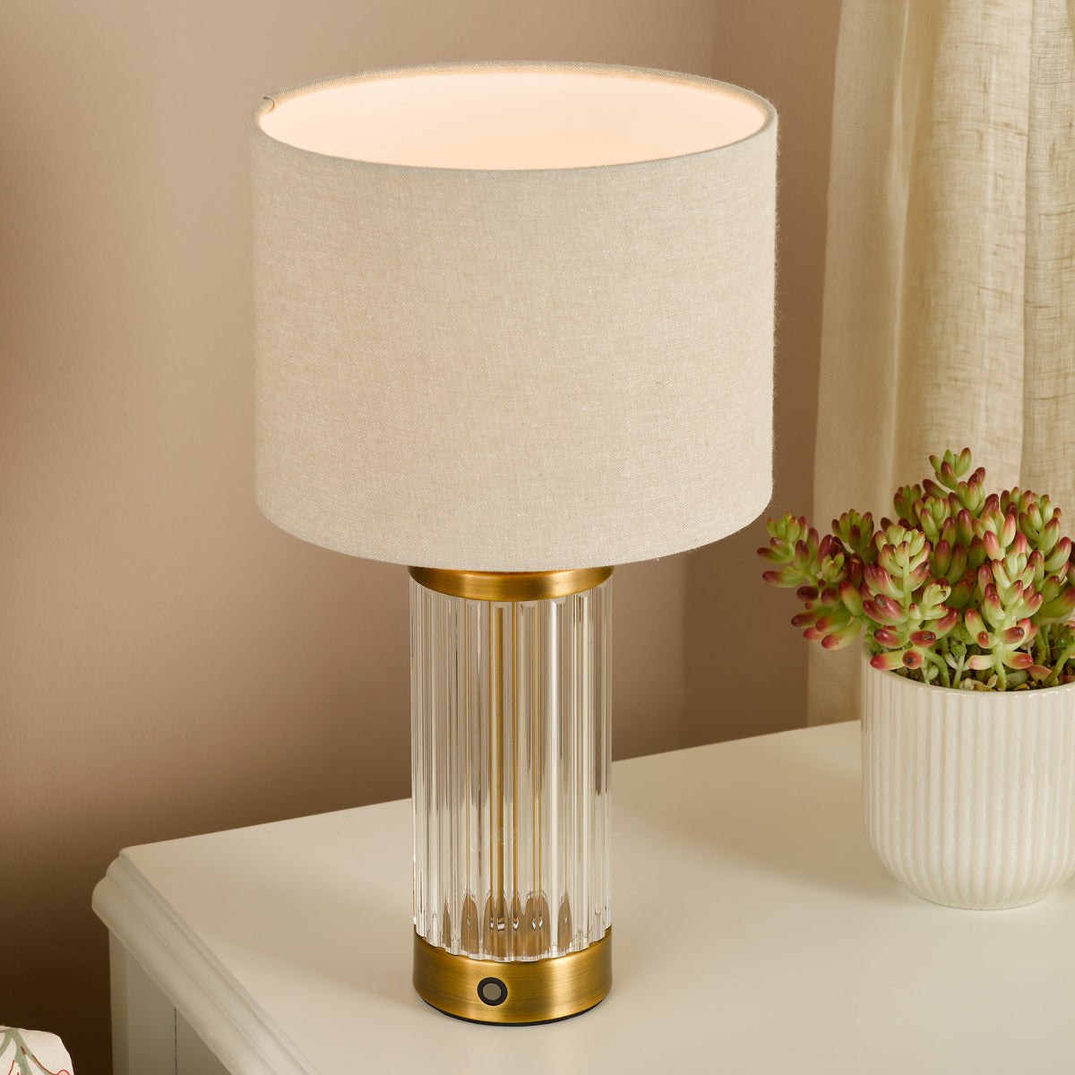 Enrico Rechargeable Table Lamp In Antique Bronze  & Glass With White Linen Shade