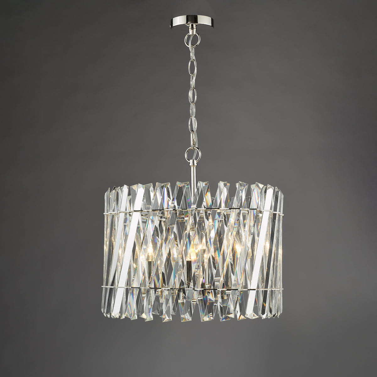 Crystal chandelier with chrome finish and rectangular prisms