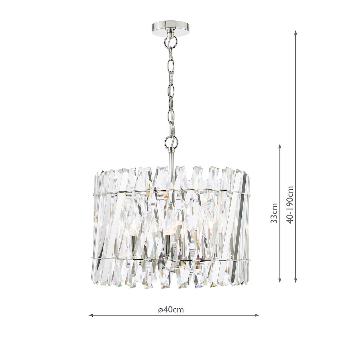 Crystal chandelier with chrome finish and dimensions of 40cm diameter and 40-190cm adjustable height