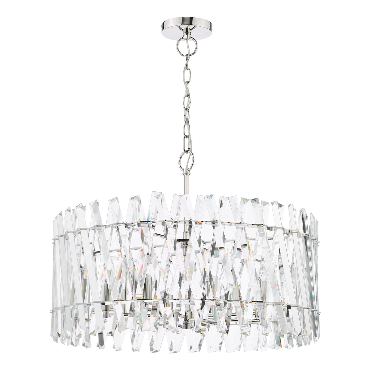 Round chandelier with polished chrome finish and clear faceted crystal accents