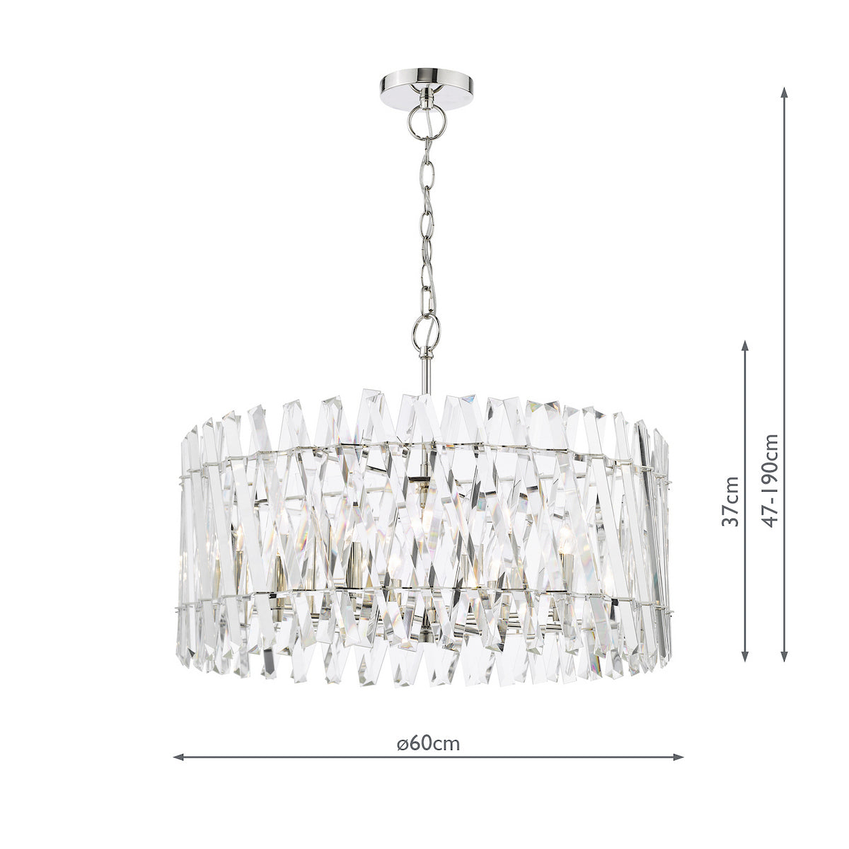 Round crystal chandelier with chrome finish and dimensions of 60cm diameter and 47-190cm height