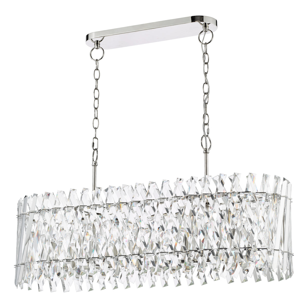 Rectangular crystal chandelier with chrome finish and hanging chains