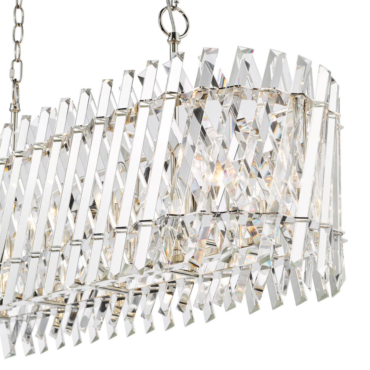 Rectangular crystal chandelier with polished chrome frame and chain suspension
