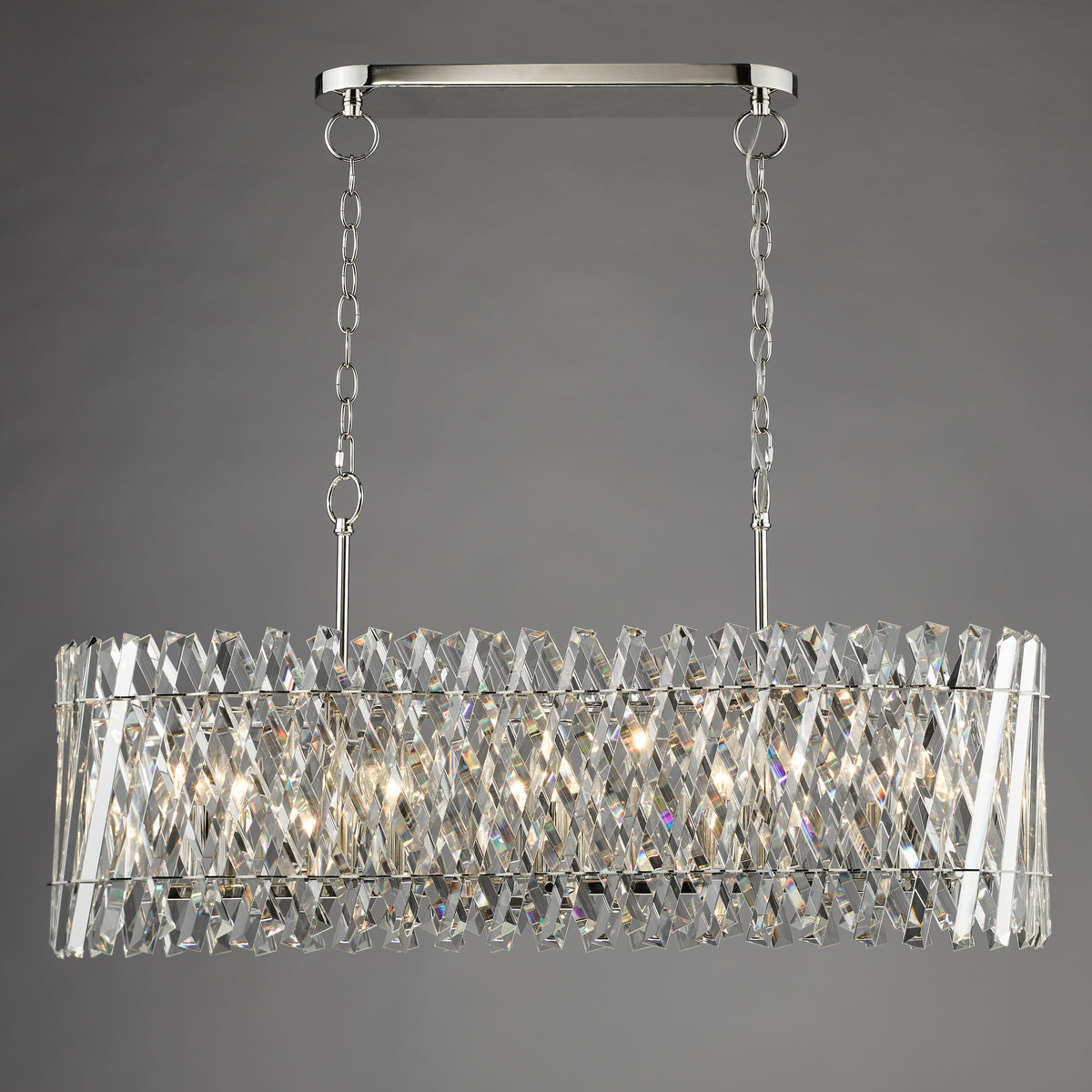 Rectangular crystal chandelier with polished chrome frame and chain suspension