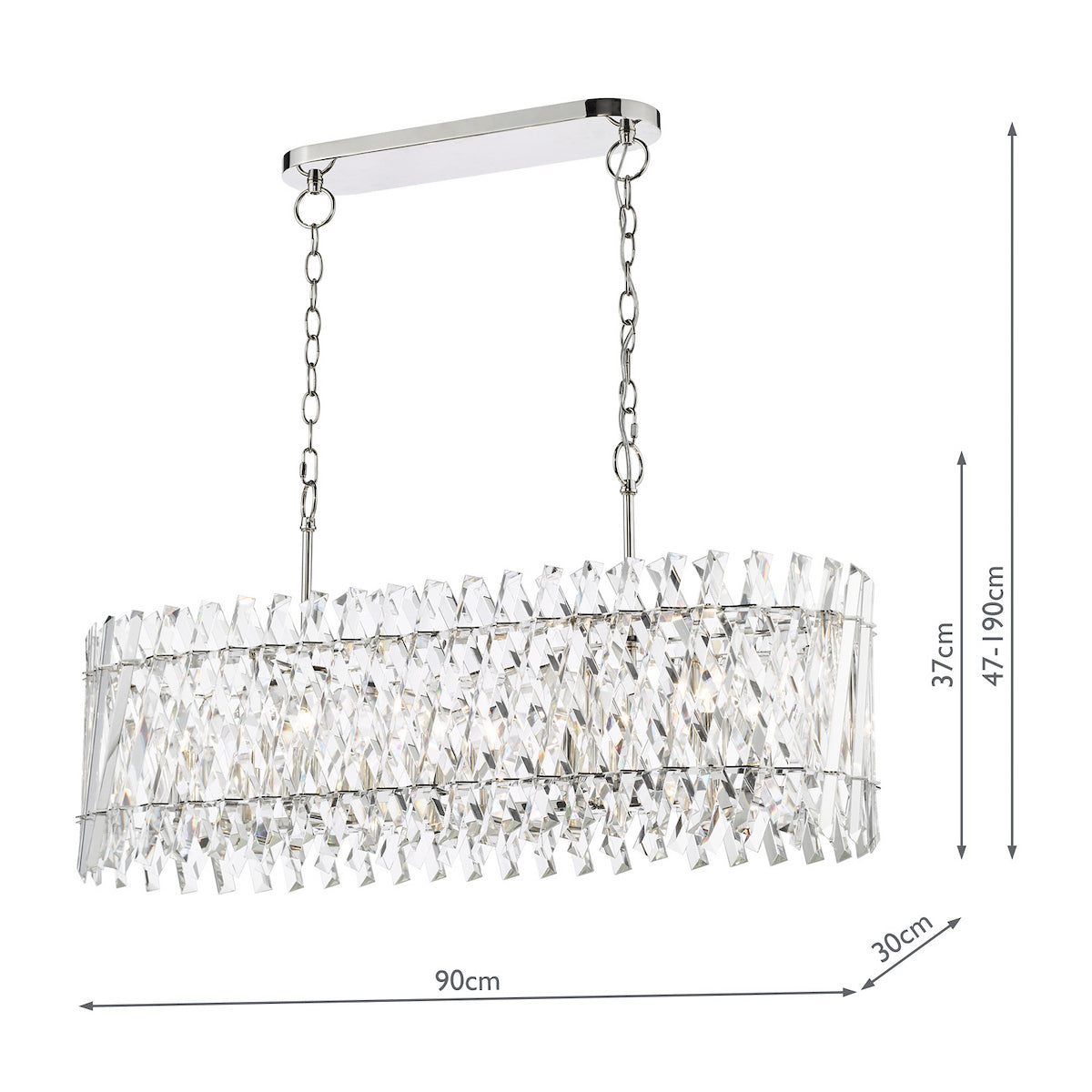 Rectangular crystal chandelier with chrome finish and dimensions of 90cm width, 30cm depth, 37cm height