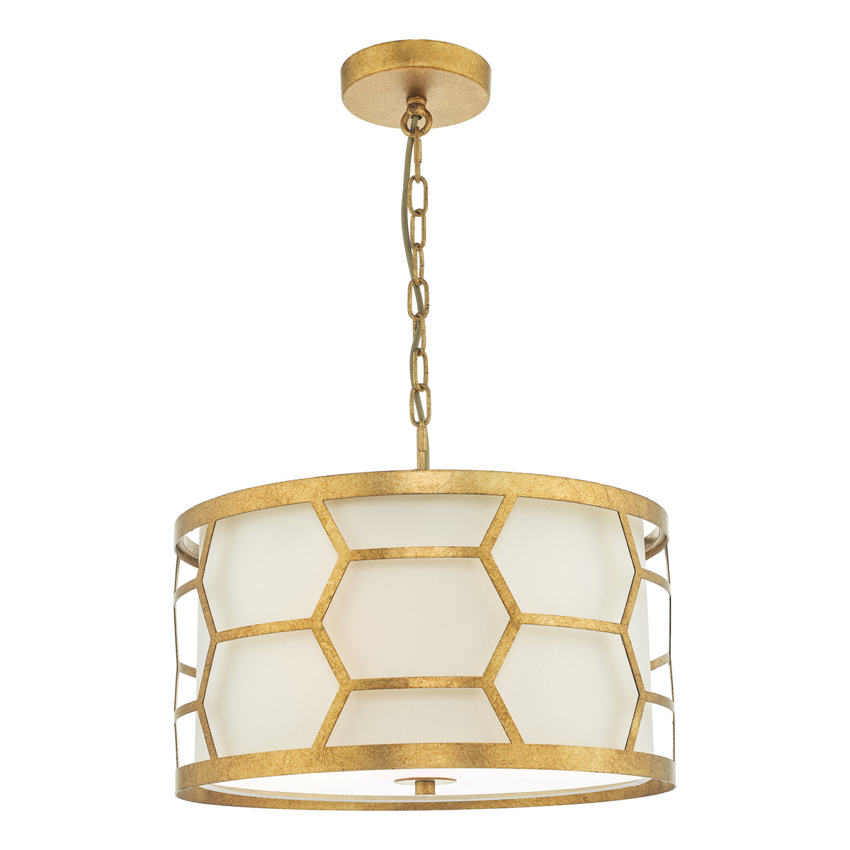 Gold chandelier with a drum shade and geometric pattern