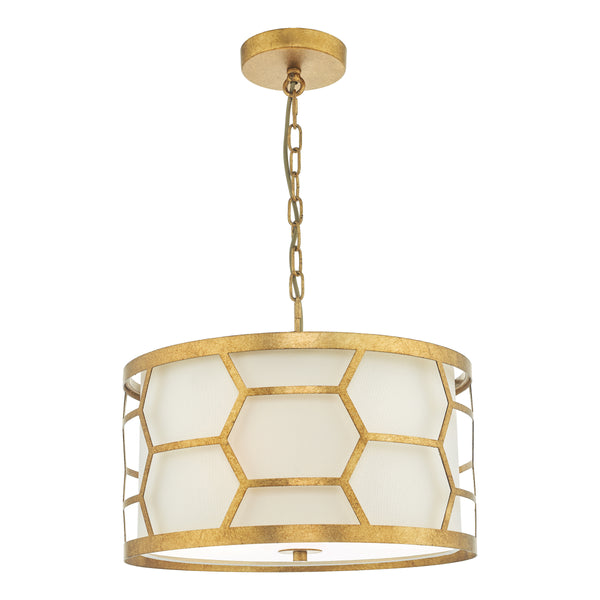Gold chandelier with a drum shade and geometric pattern