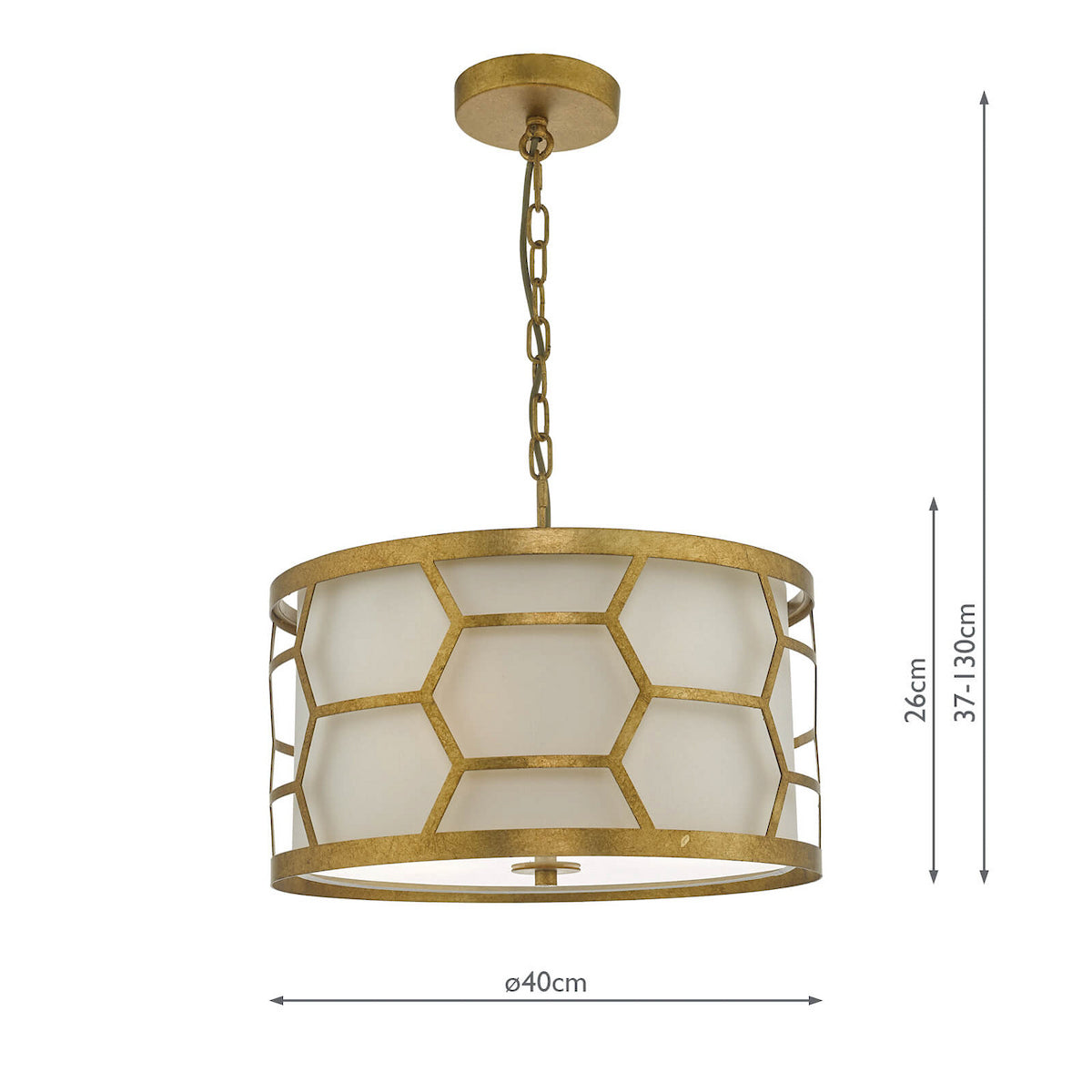 Gold metal ceiling light with a drum shade and honeycomb pattern