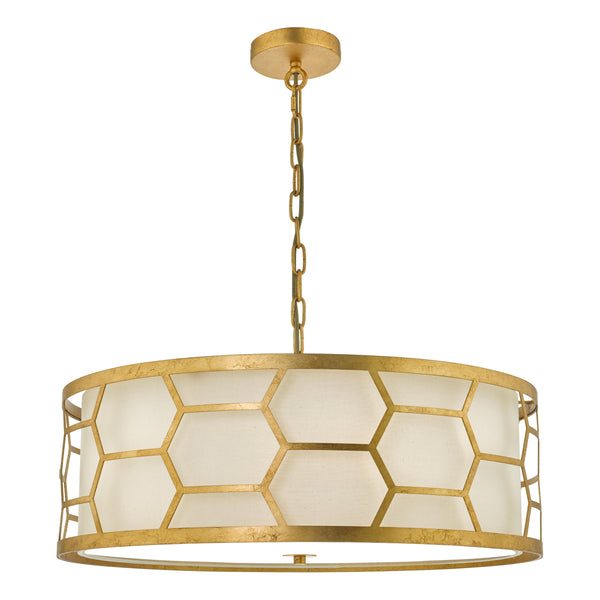 Gold chandelier with a white drum shade and a geometric gold overlay