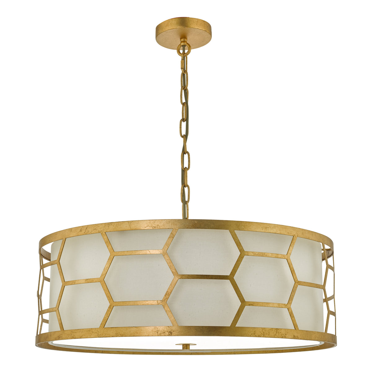 Gold chandelier with a drum shade and a geometric honeycomb pattern