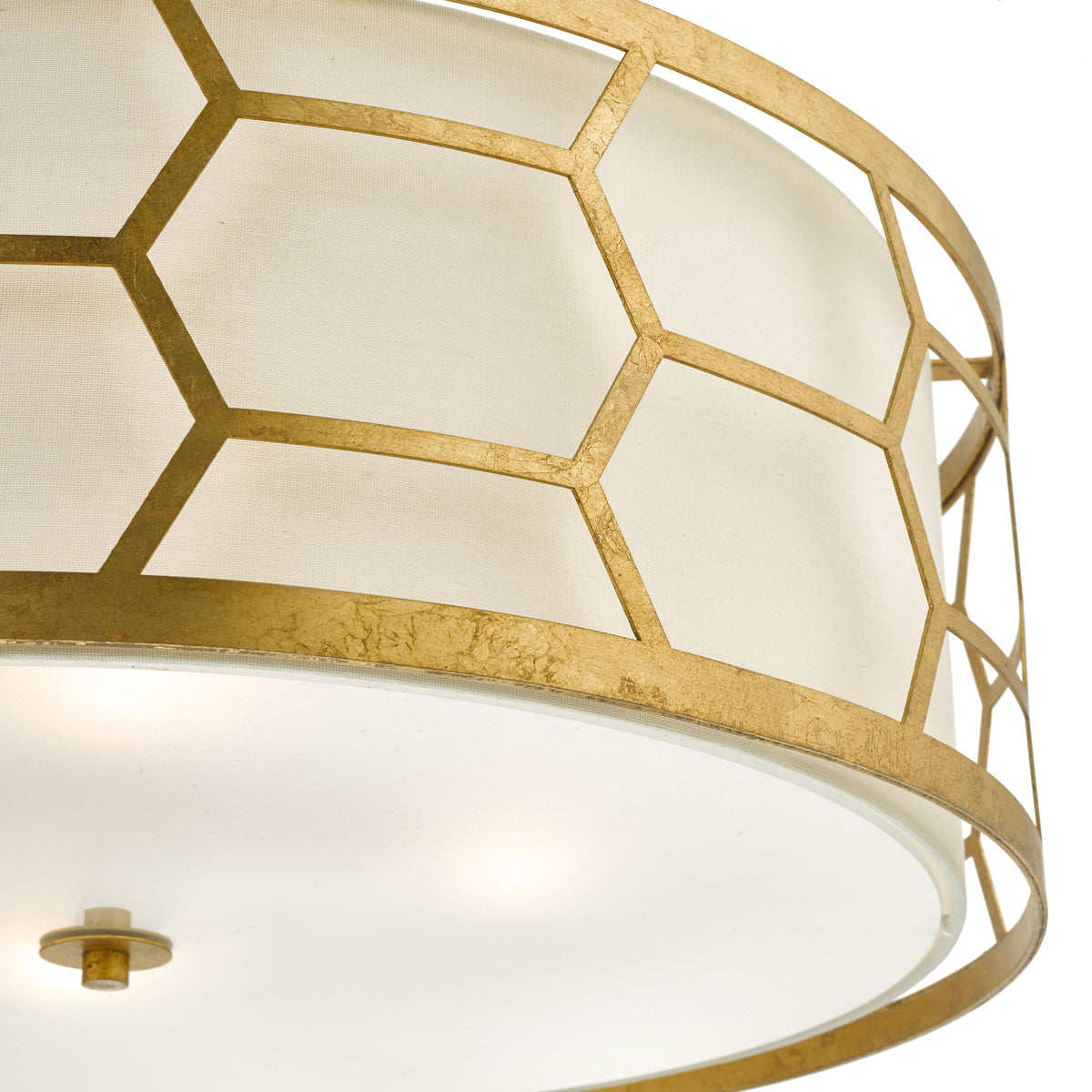 Close up of a gold and white ceiling light fixture