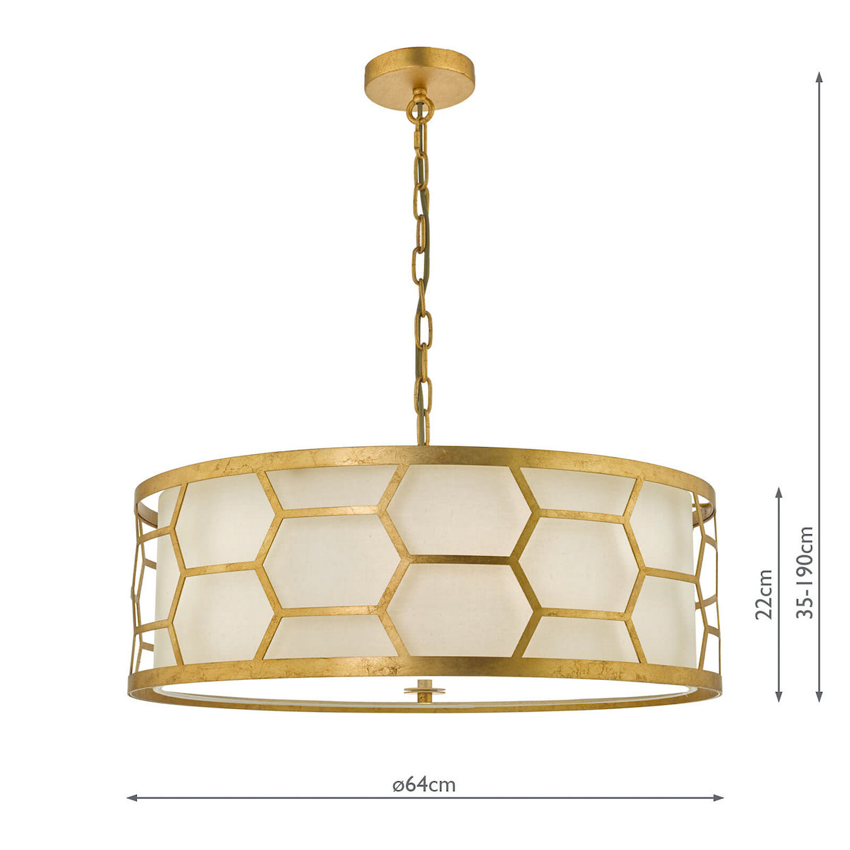 Gold metal chandelier with a honeycomb pattern around a white fabric shade