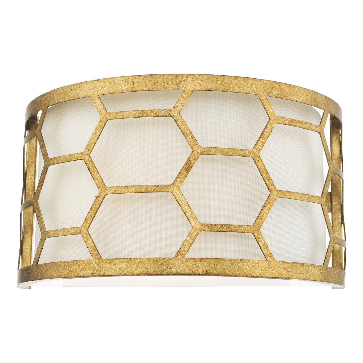 Gold honeycomb pattern wall sconce with a white fabric shade