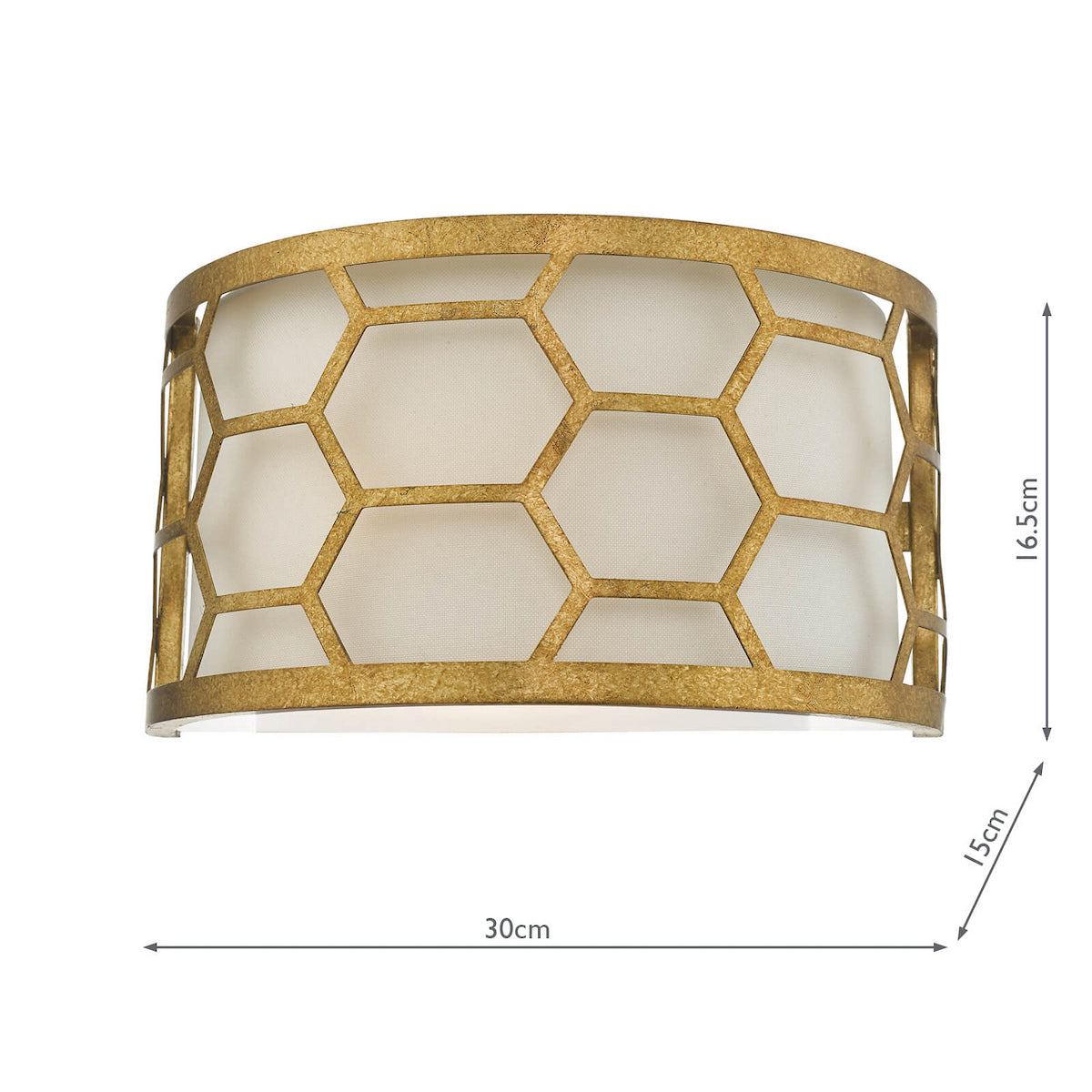 Gold honeycomb wall light with a white fabric shade, 30cm wide, 16.5cm high, and 15cm deep