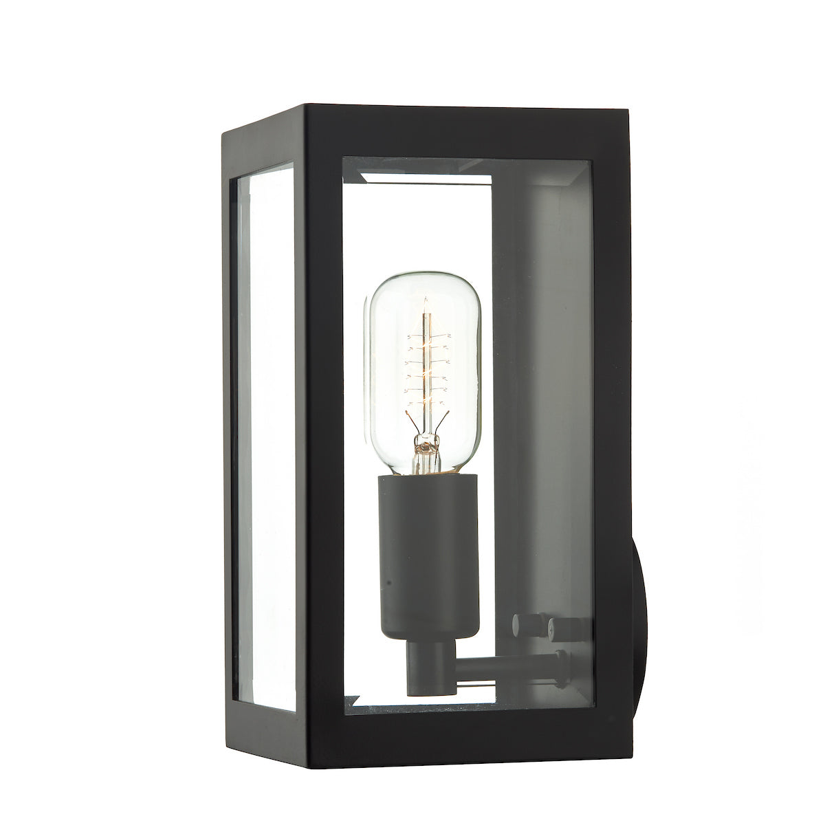 Black rectangular outdoor wall light with clear glass panels and an exposed filament bulb.