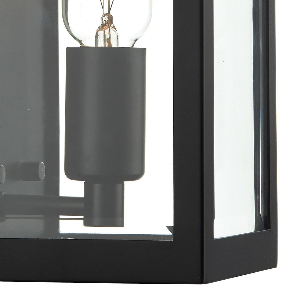 Close-up of a black outdoor wall light with a clear glass panel and an exposed bulb.