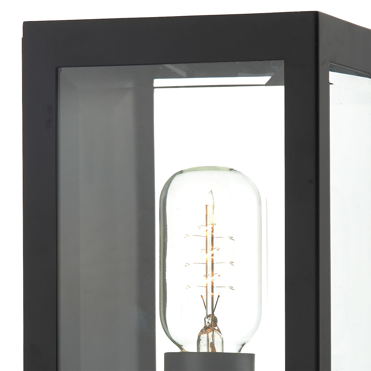 Close-up of a black outdoor wall light with a clear glass shade and exposed filament bulb.