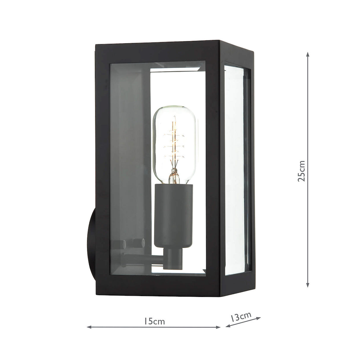 Black rectangular outdoor wall light with clear glass panels and an exposed filament bulb.