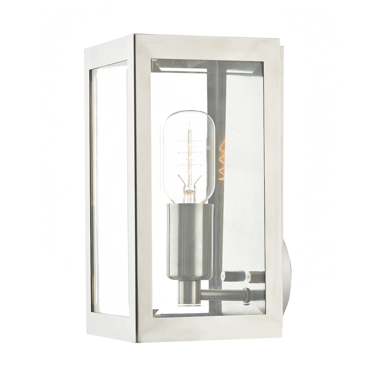 Brushed nickel outdoor wall light with clear glass panels and an exposed Edison bulb.
