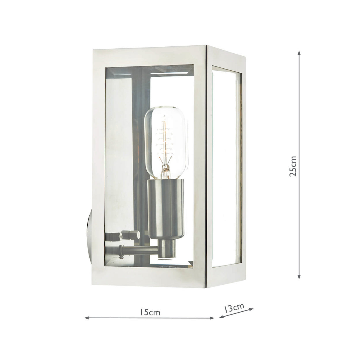Brushed chrome outdoor wall light with clear glass panels and an exposed filament bulb. Measures 25cm high.