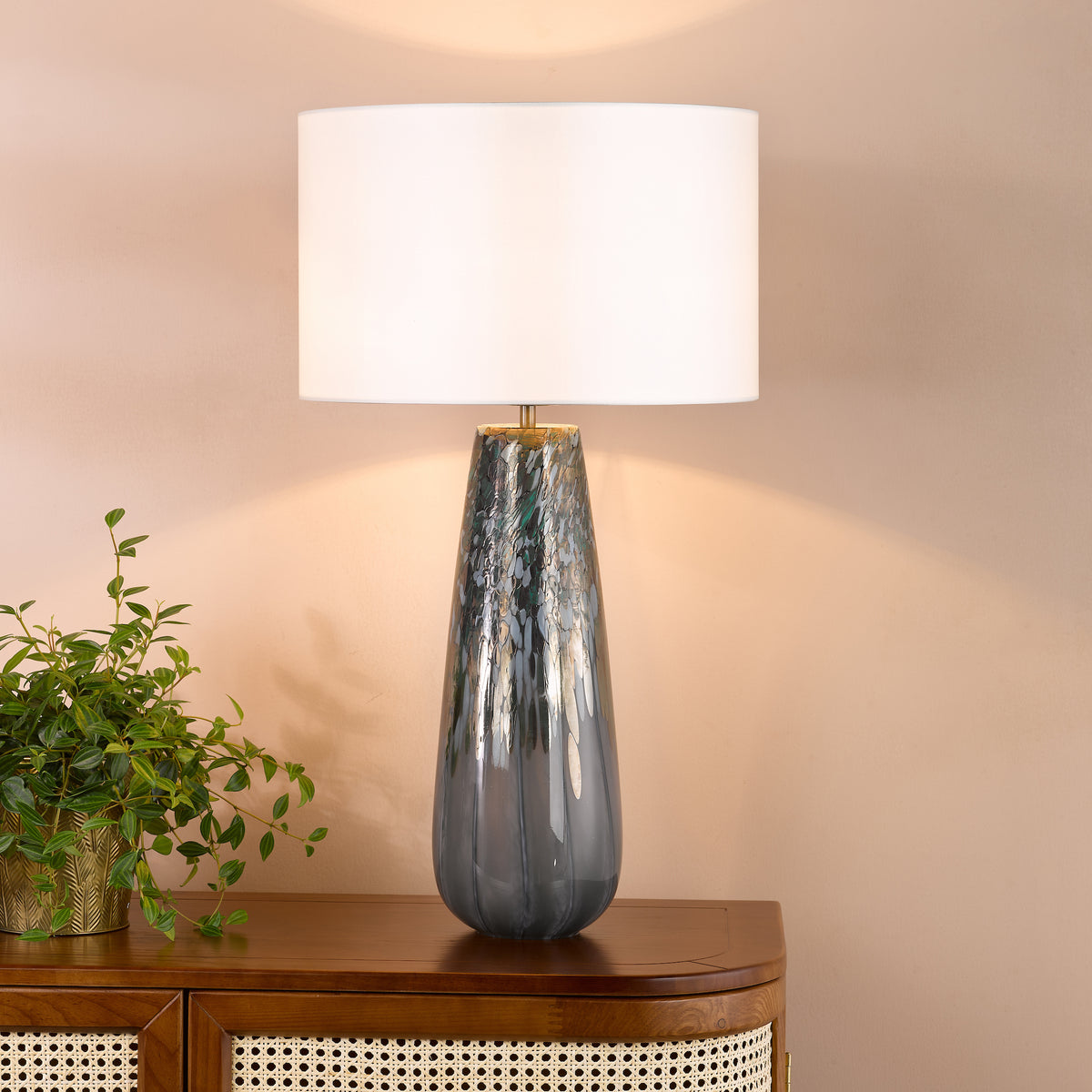 Erdis Blue Art Glass Table Lamp with Ivory Cotton Shade