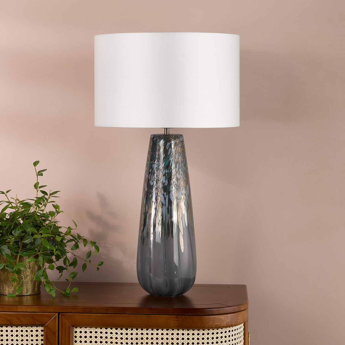 Erdis Blue Art Glass Table Lamp with Ivory Cotton Shade