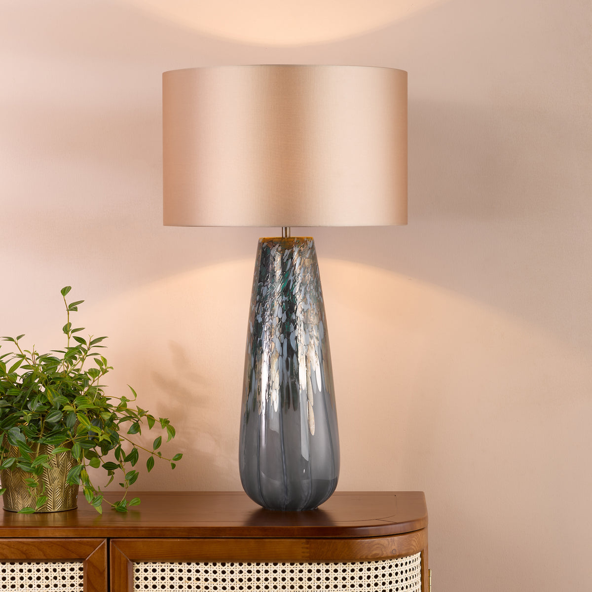 Erdis Blue Art Glass Table Lamp with Taupe Cotton Shade