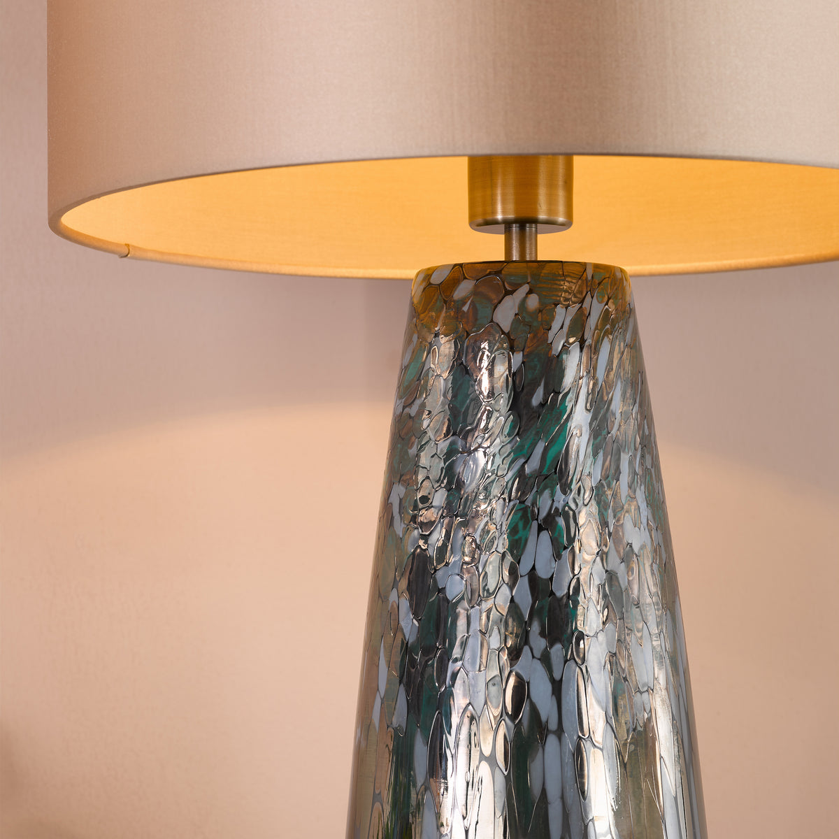 Erdis Blue Art Glass Table Lamp with Taupe Cotton Shade