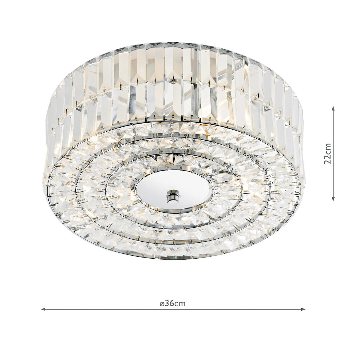 Round crystal ceiling light with two tiers of faceted crystals and chrome accents, showing dimensions.