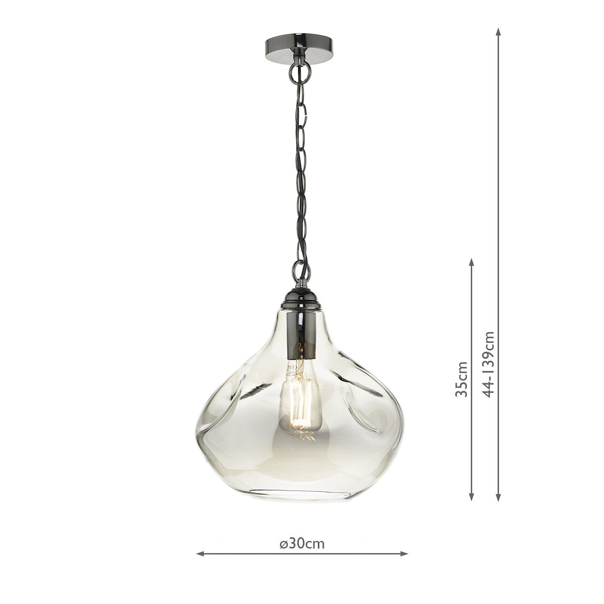 Smoked glass pendant light with a wavy, organic shape and a visible filament bulb, hanging from a chain.