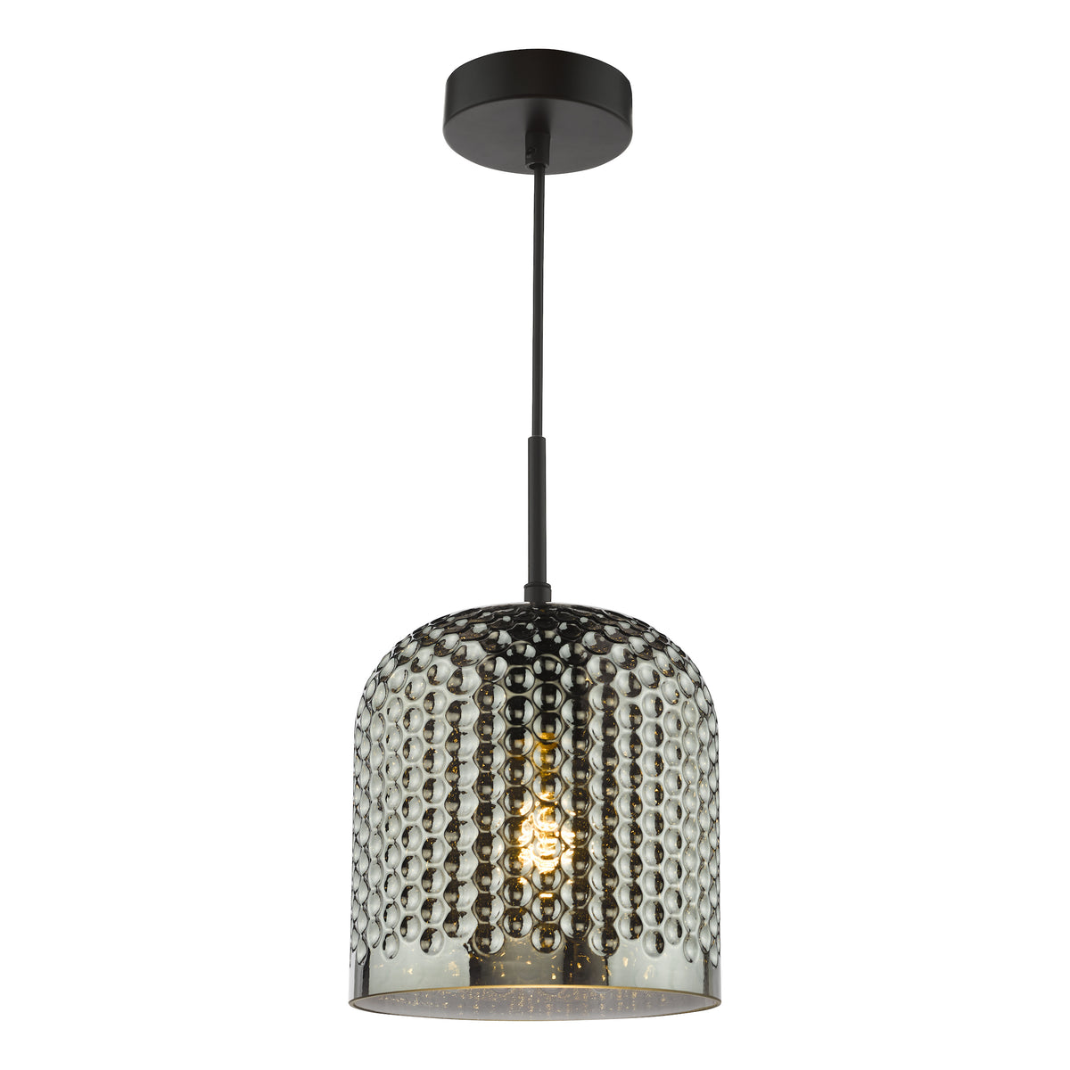 Black pendant light with a textured, dimpled glass shade and a visible bulb inside