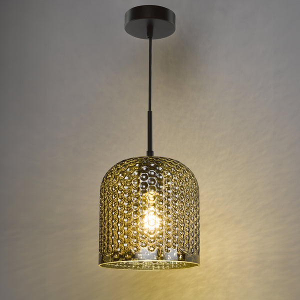 A dark bronze pendant light with a textured, amber-colored glass shade