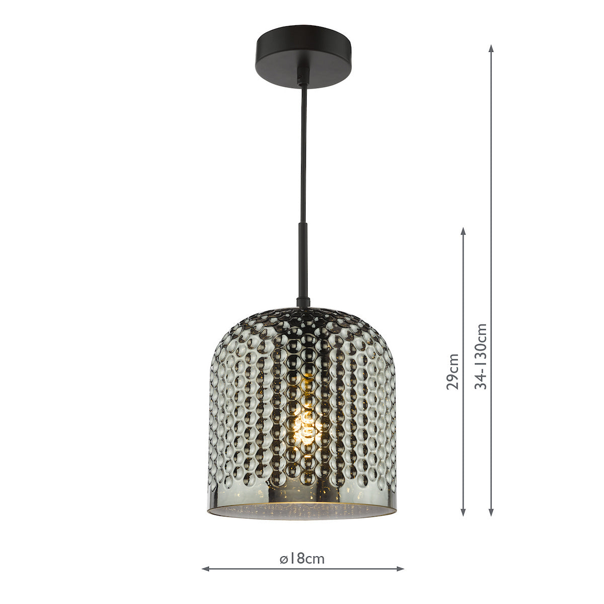Black and silver pendant light with a textured, dome-shaped shade and visible light bulb