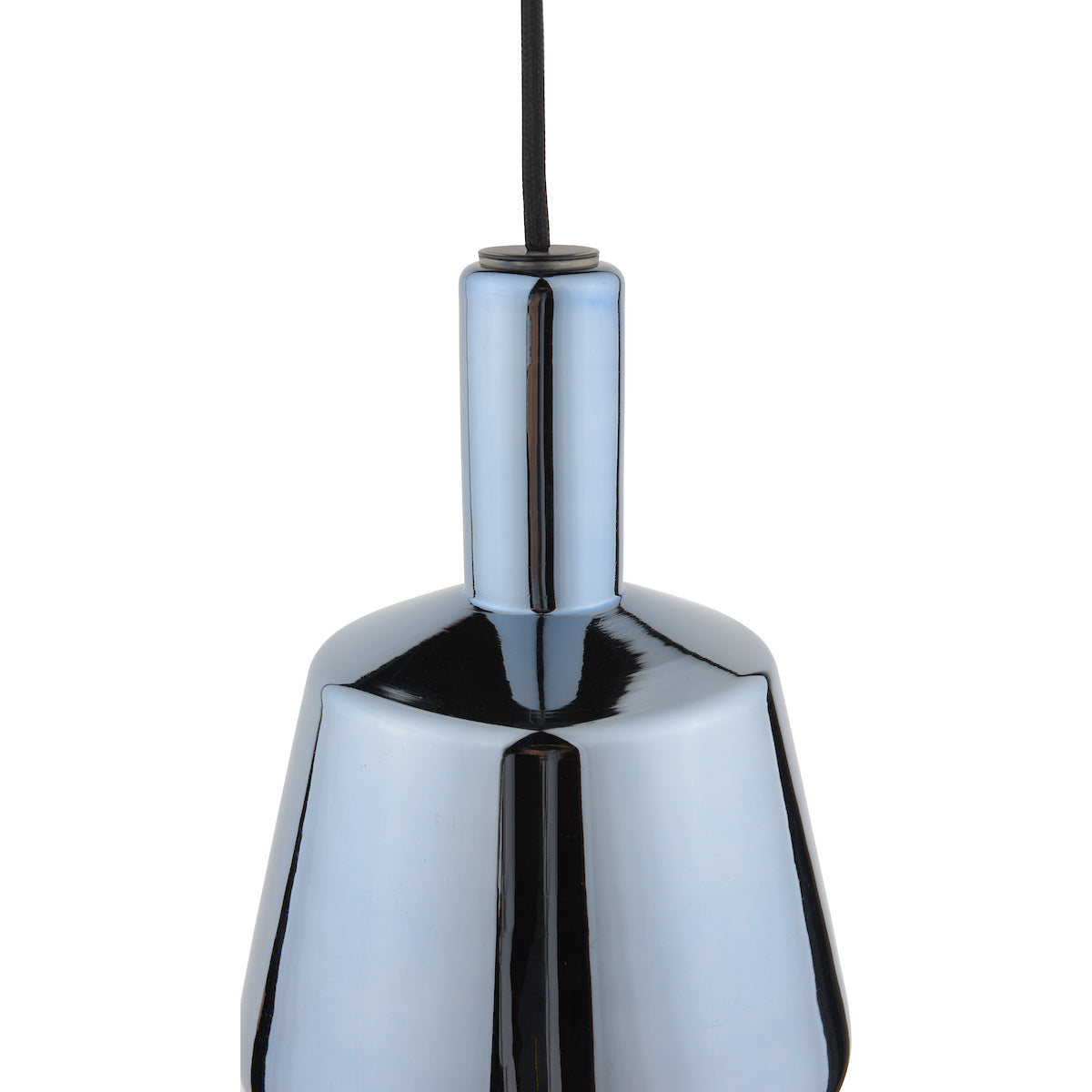 Close-up of a chrome-plated pendant light fixture with a black cord.