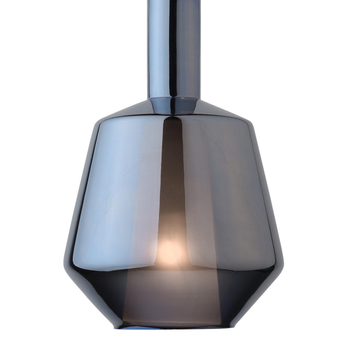 A modern pendant light with a smoked glass shade and a visible glowing bulb inside.