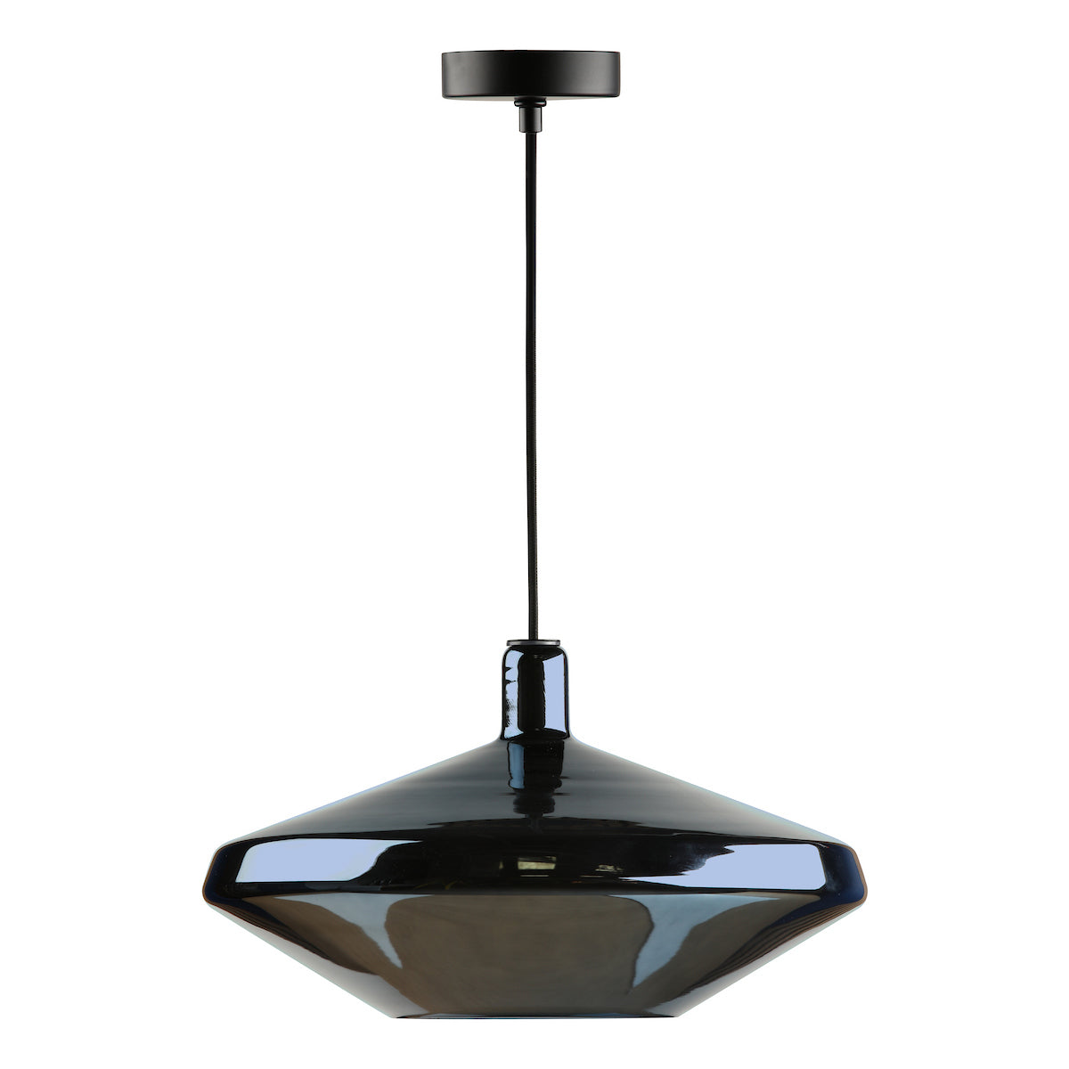 Black pendant light with a wide, flat, reflective shade hanging from a black cord.