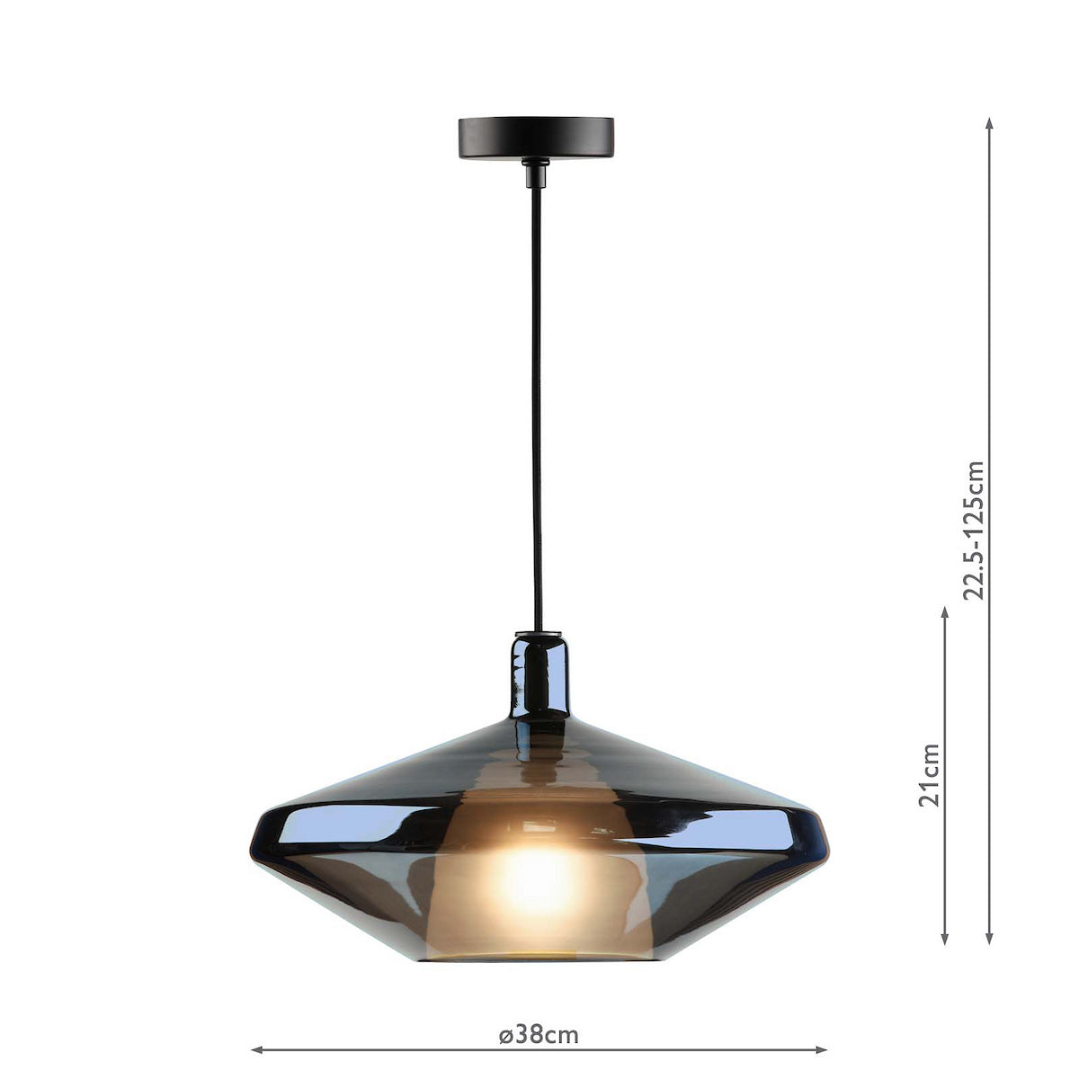 Smoked glass pendant light with a wide, faceted shade and a black cord, showing dimensions.