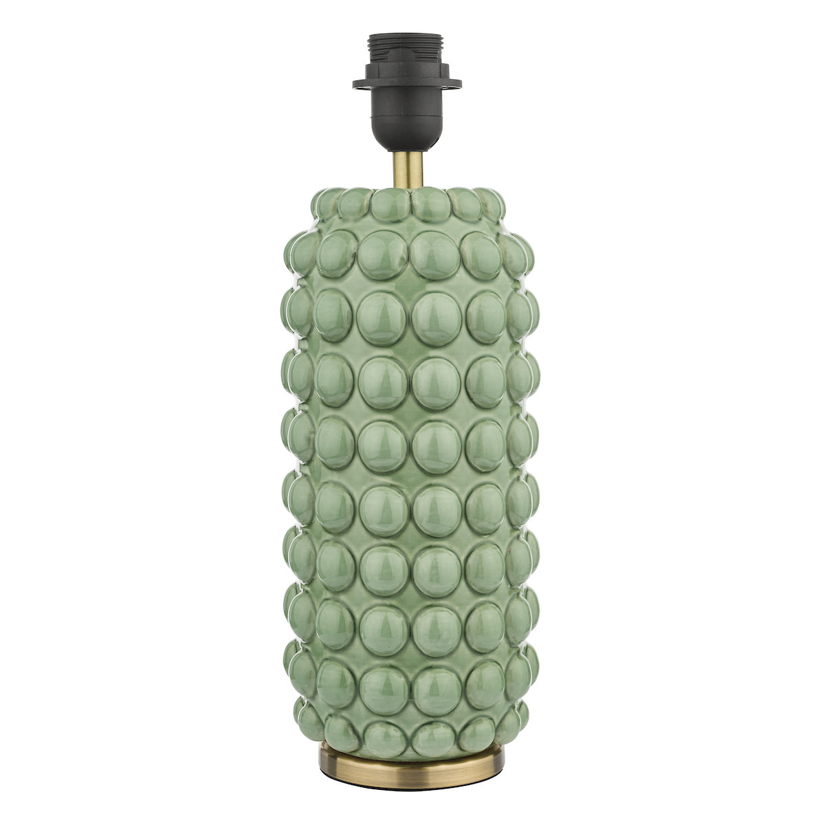 Green ceramic lamp base with a textured bobble design and a brass-colored bottom.