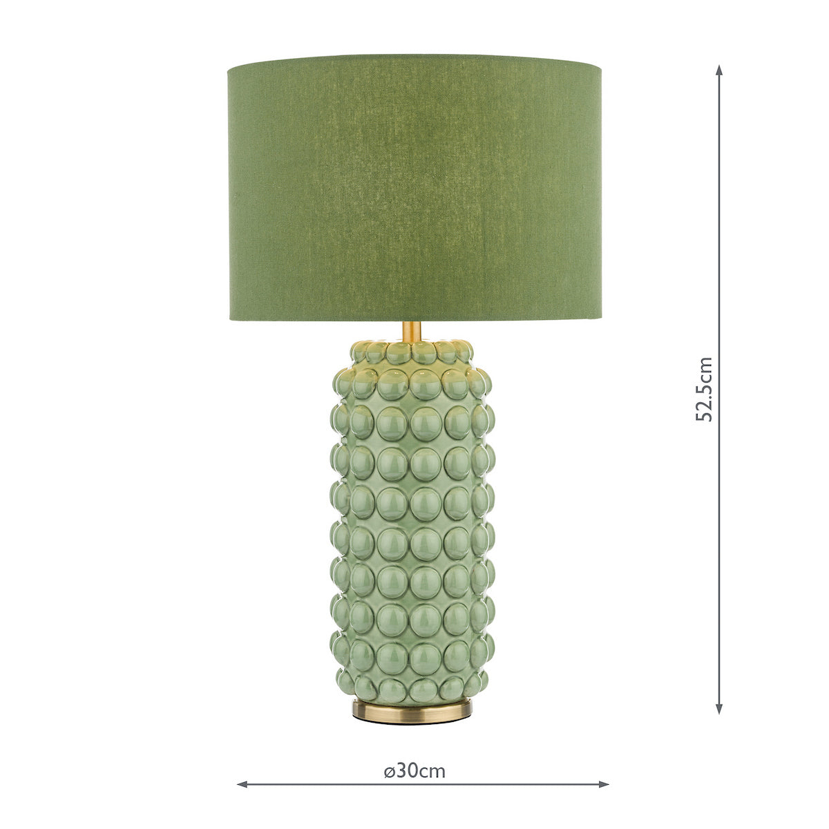 Green ceramic table lamp with a textured bobble base and a matching green fabric shade. It measures 52.5cm high and 30cm wide.