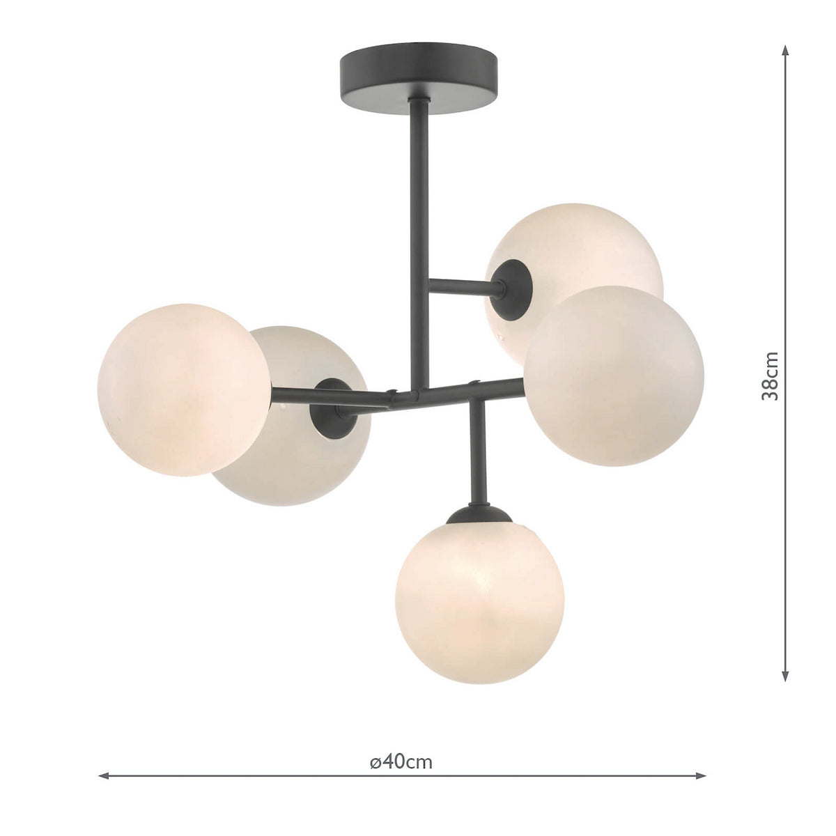 Modern black ceiling light with five spherical white glass shades, 38cm high and 40cm wide.